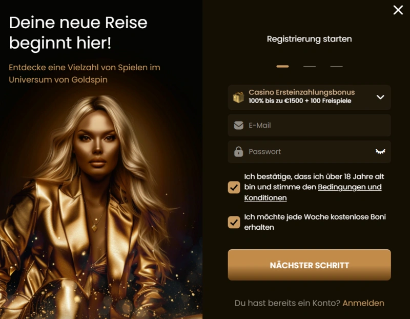 Goldspin Casino Registrierungsprozess schritt 1